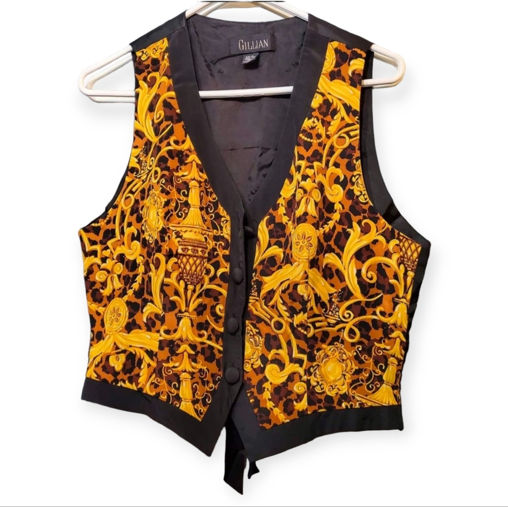 VTG Luxury 100% Silk Gillian Black Gold Ornament Print Baroque Vest Size 12
